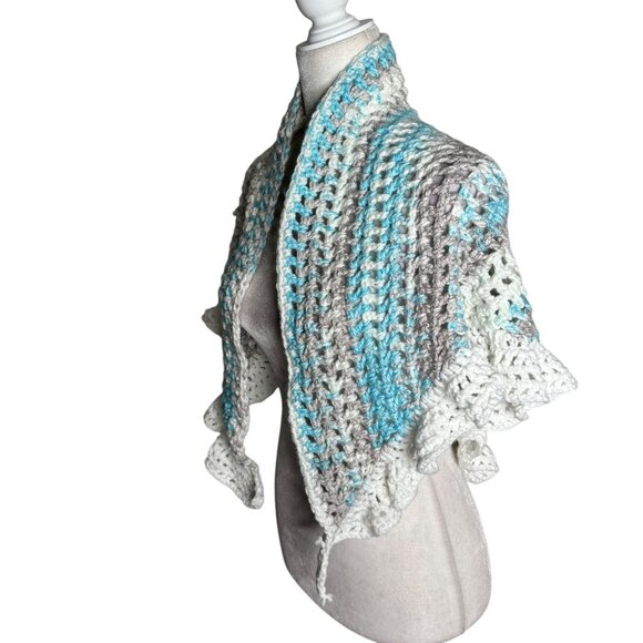 Handmade Blue Grey White Crochet Knit Shawl Wrap With Ruffled Edges Soft NEW - Picture 2 of 5
